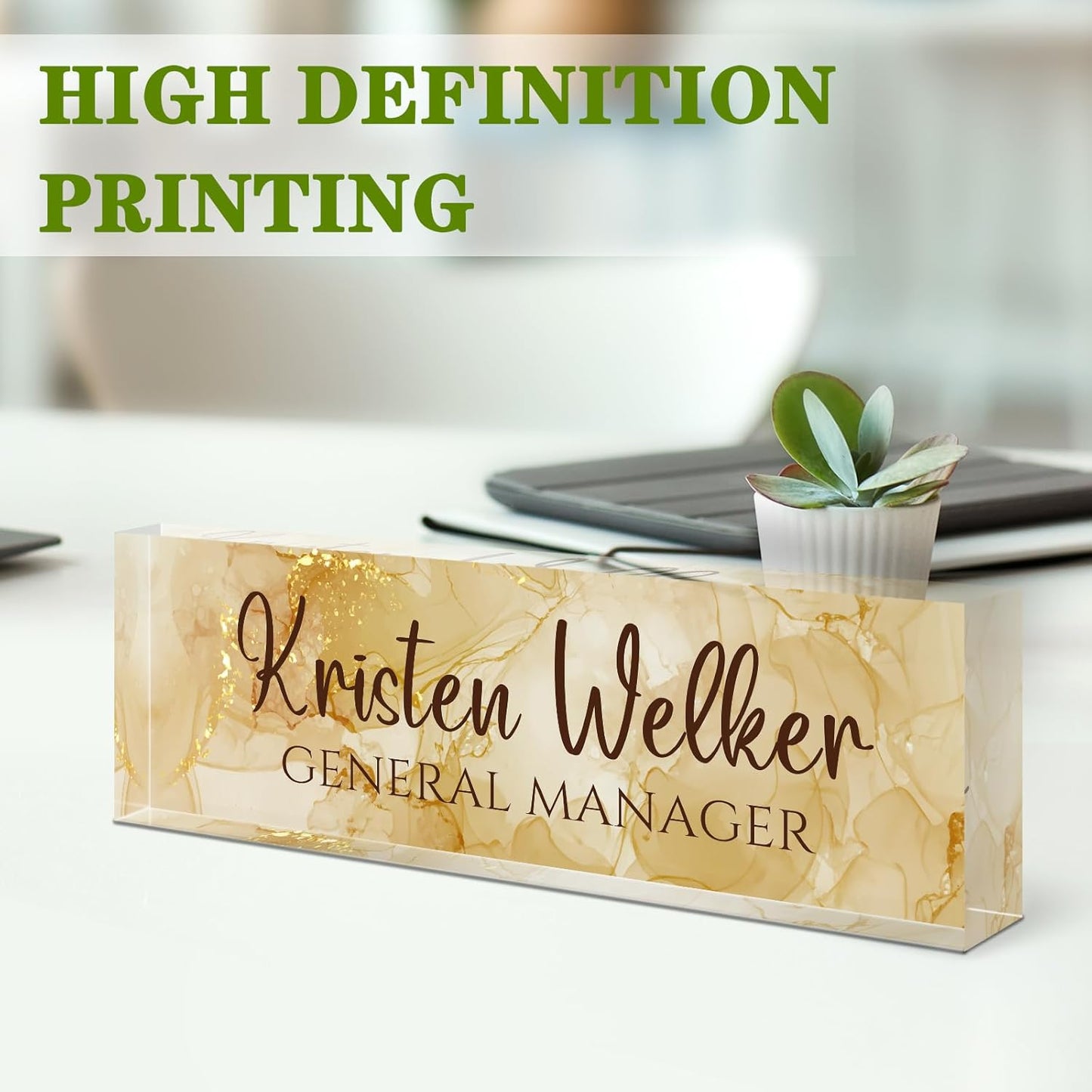 Gowellly Desk Name Plate Personalized - Custom Acrylic Name Plate for Desk - Enterprise Custom Logo/Text nameplates - Employee Appreciation Gifts (Golden Gilt)