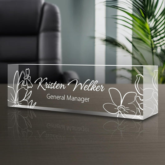 Personalized Name Plate for Desk - Custom Engraved Name Plates for Man - Boss Day Gifts for Boss - Acrylic Office Decor Appreciation Gifts for Teacher Nurse Coworker Social Worker (White Bloom)