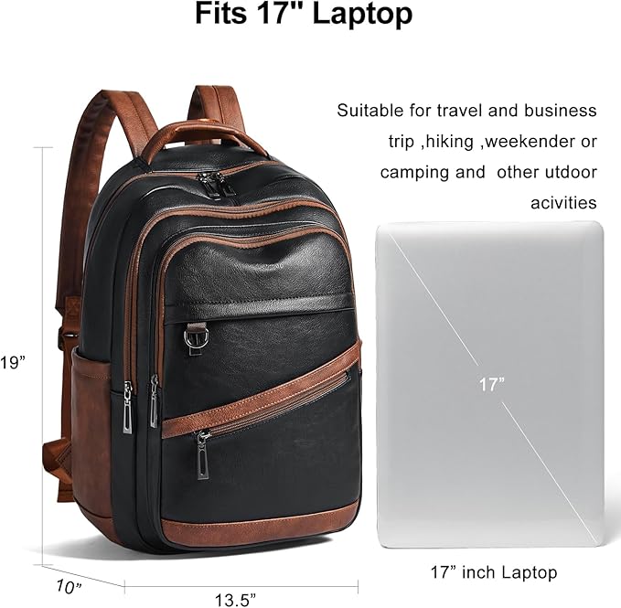 43L Backpack for Women Men - Vegan Leather Backpack Purse Travel Carry-on Bag College Bookbag Work fits 17" Laptop,Black&Brown
