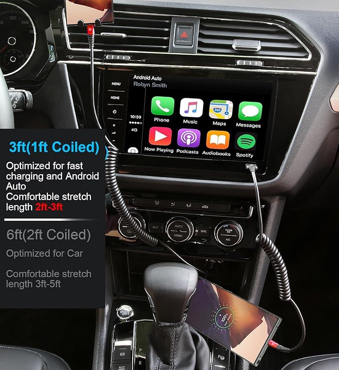 KIYODA Coiled USB C Cable for Car 3FT & 6FT, USB C to USB C Fast Charging Cable USB Type C Cord Compatible with iPhone 17/16/15/Plus/Pro/Pro Max/MacBook Pro 2020/iPad Pro 2020/Samsung Galaxy S23-Red