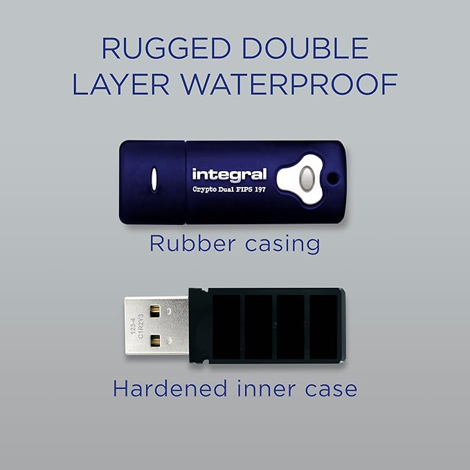 Integral 8GB Crypto-197 256-Bit Hardware Encrypted 3.0 Secure Dual Password Flash Memory Drive - Certified to FIPS 197, Brute-Force Password Attack Protection & Rugged Double-Layer Waterproof Design