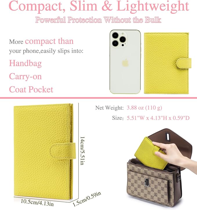 Passport Wallet for Women – RFID Blocking Passport Holder for Travel Women with Card Slots, Coin Pocket & SIM Slot – Slim Genuine Leather Travel Organizer – Lemon Yellow