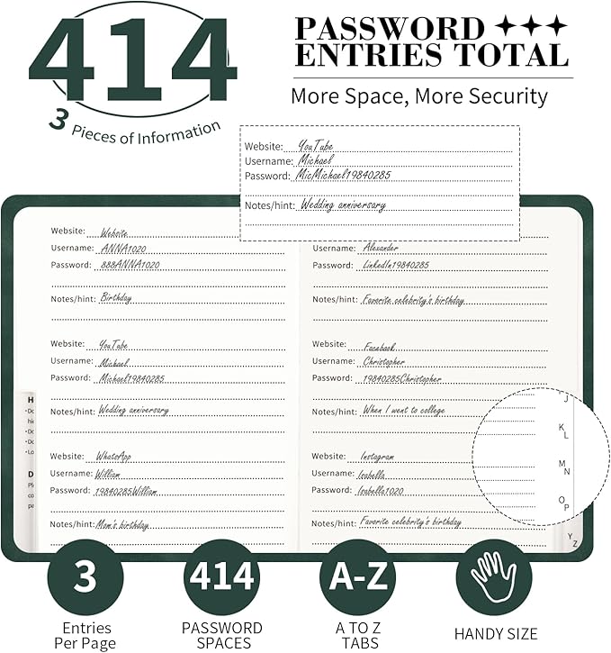 Password Book with Alphabetical Tabs, 4.5"x5.9"Small Pocket Password Keeper Book, 160 Pages/100GSM Hardcover Notebook, Password Organizer for Internet Website Address Login