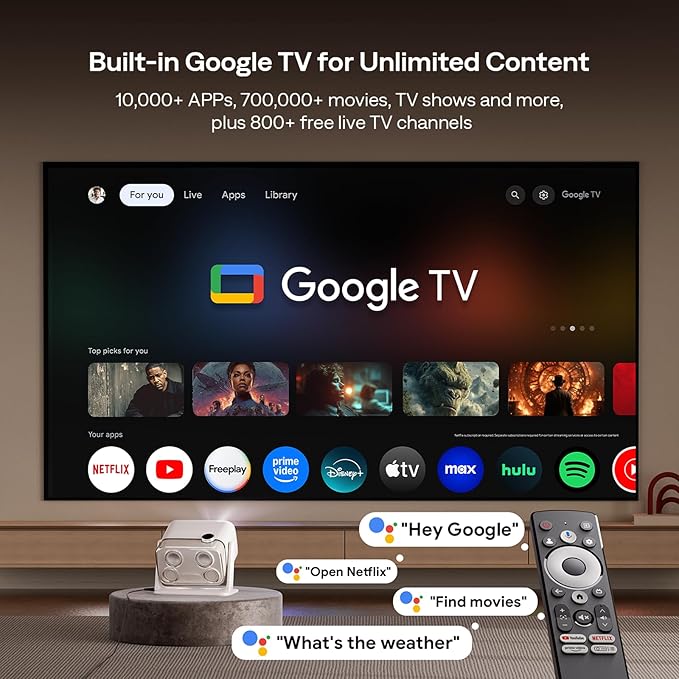 Aurzen BOOM mini Google TV 4K Supported Smart Projector with WiFi and Bluetooth, Outdoor & Home Movie Projector with 20W Speakers DoIby Audio, Real-Time Focus & Keystone, 500 ANSI Lumens, Off-white