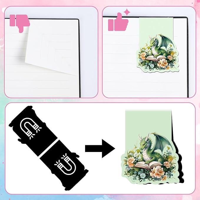 Dragon Flower Magnetic Bookmark - 8 Pcs Fantastic Book Marks Magnets Dragon Floral Leaf Magnetic Bookmarks Cool Animal Bookmark Page Clip Gifts for Book Lovers Students Teacher School Reading