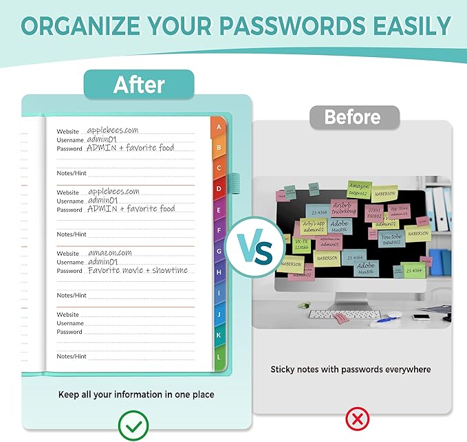 SUNEE Password Book with Colorful Alphabetical Tabs, Password Books for Seniors, Password Keeper Book for Computer and Internet Address Website Login, 5.3''x 7.7''- Aquamarine