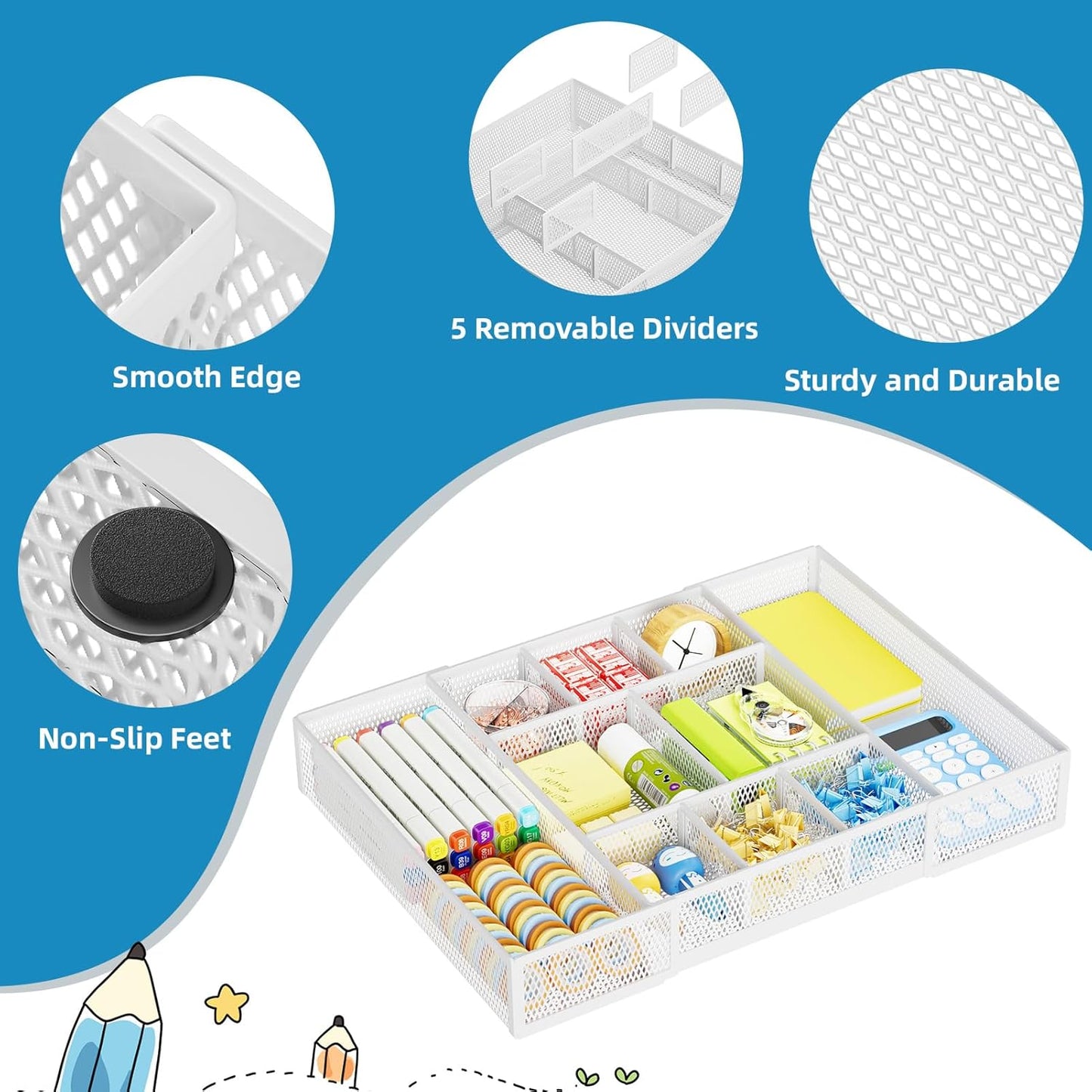 Marbrasse Expandable Desk Drawer Organizer, Mesh Drawer Organizer Tray with 10 Adjustable Compartments, Desk Organizers and Accessories, 5 Dividers Drawer for Office Supplies, Makeup & Vanity (White)
