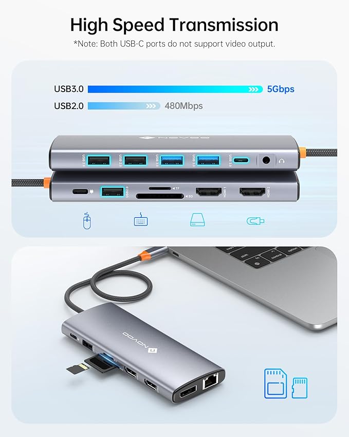 NOVOO USB C Docking Station Dual Monitor for Laptop, 14 in 1 Hub Adapter Thunderbolt 3 to Dual 4K60 HDMI+8K30 DP USB C/A Data 100W PD RJ45 SD/TF