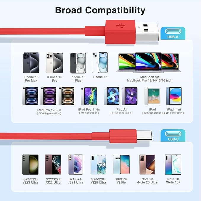 3-Pack Red [3.3FT+3.3FT+6FT] USB A to USB C Cable，USB to USB C Car Carplay Cable for iPhone Air 17 16e 16 15 Pro Plus Pro Max，for Galaxy S25/S24, for iPad Pro/Air/mini, for MacBook Pro/Air and More