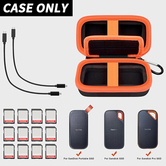 Case Compatible with SanDisk Extreme Pro/for SanDisk Portable SSD 1TB 2TB 4TB 500GB/ for Crucial X10 X9 Pro External Solid State Drive, Travel Storage Bag for 2 SSD and SD Card -Orange (Box Only)