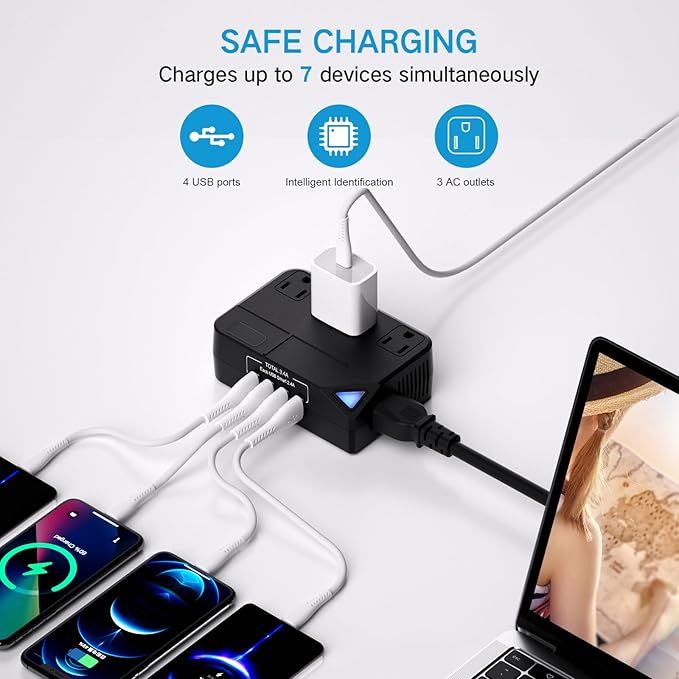 250 Watt Travel Voltage Converter, 100V-220V Travel Voltage Converter for Curlers, Hair Straighteners, Chargers with 4 USB Charging Ports and 3 AC Plugs, Includes A, C, D, G, I, L Plugs (Black)