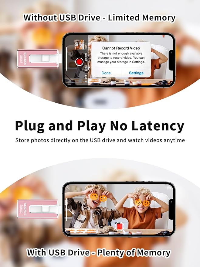 SCICNCE 256GB Flash Drive Intended for iPhone, USB Memory Stick Storage Backup for Photos Videos, Plug and Play No APP Required, Compatible with iPhone iPad Android and Computers (Pink)