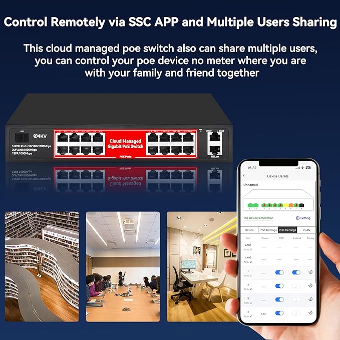 STEAMEMO 16 Port Gigabit PoE Switch, Smart Managed Gigabit Ethernet Switch, 16 PoE+ Ports@240W, Plug and Play, Vlan, Fanless, Desktop or Rackmount, Overload Protection w/ Port