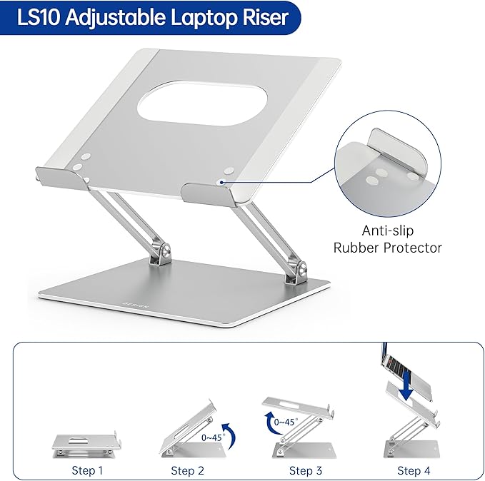 BESIGN LS10 Aluminum Laptop Stand, Ergonomic Adjustable Notebook Stand, Computer Holder Compatible with Air, Pro, Dell, HP, Lenovo More 10-14" Laptops, Silver