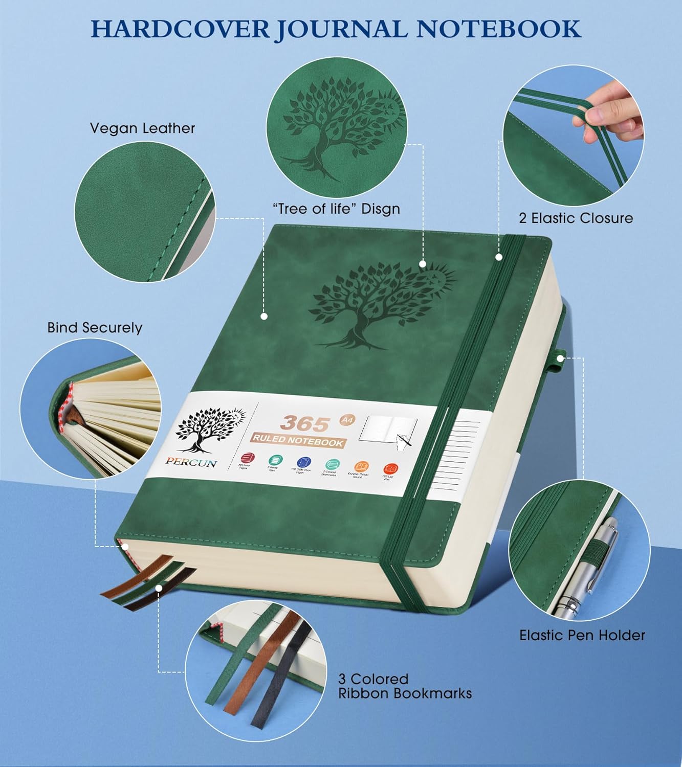 A4 Lined Journal Notebook，365 Page Large Leather Journals for Writing Women Men，Hardcover Notebook with 100Gsm Thick Pages for Travel，Work，School，College Ruled, Daily Diary (8.5" x 11.4")