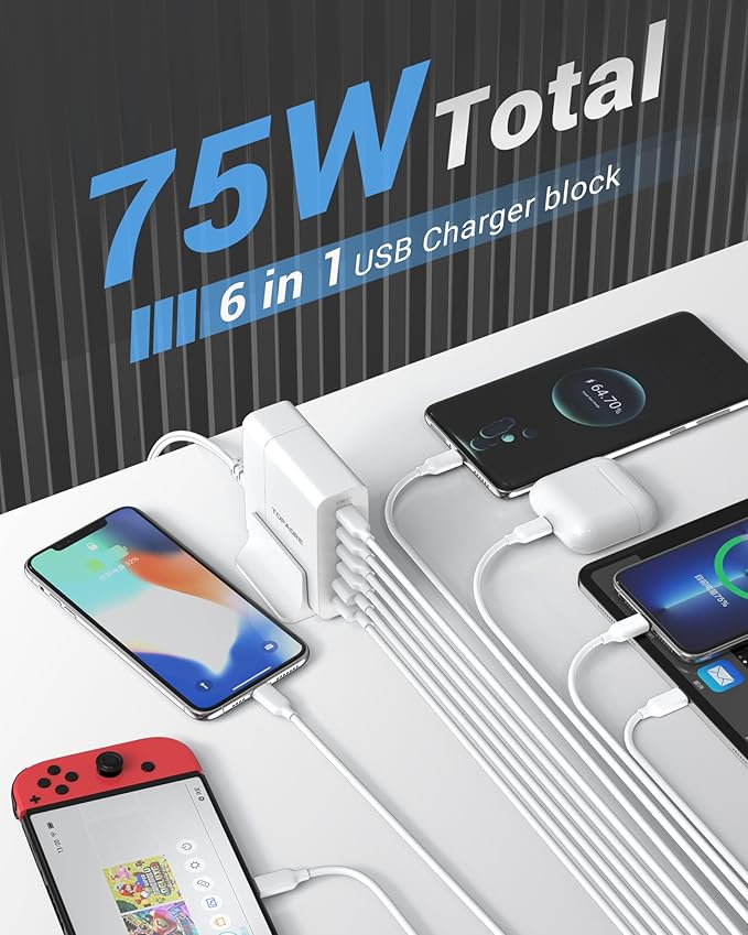 USB C Charger Block 80W, 6 Port Fast Charging Station Powered USB C Hub PD Charger for iPhone 15/14/13 Pro Max, iPad Pro/Air/Mini, Galaxy S24/S23, MacBook Pro/Air, Google Pixel, Black