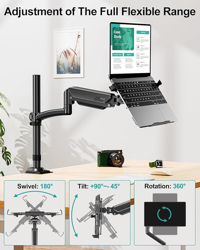MOUNT PRO Laptop Arm Desk Mount, Single Monitor Stand with VESA Laptop Tray, Adjustable Lap Top Holder for Max 22lbs 17" Notebook & 32" Computer Screen, Swivel Notebook Bracket, Clamp on/Grommet Base