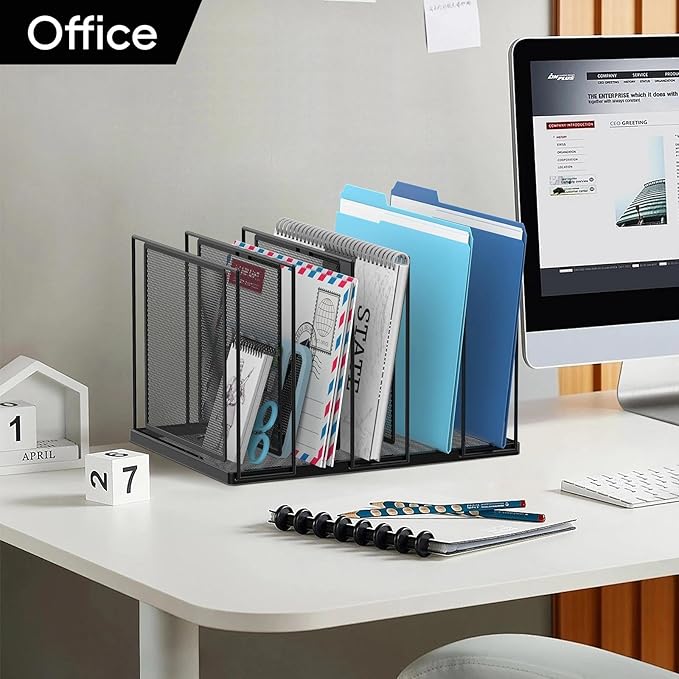 File Organizer for Desk, 5-Section Vertical File Sorter, Paper Holder Organizer Standing Metal File Folder for Office Home Classroom, Black