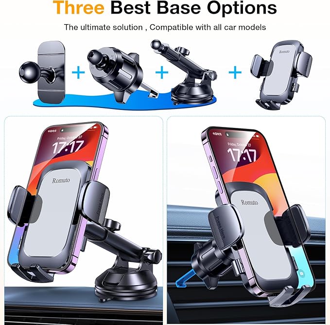Romuto Car Phone Holder Mount【2025 Strongest Suction】 Phone Mount for Car Dash Pad Cell Phone Holders for Your Car Accessories for Women Men Dashboard/Windshield/Vent Truck Stand for iPhone Samsung