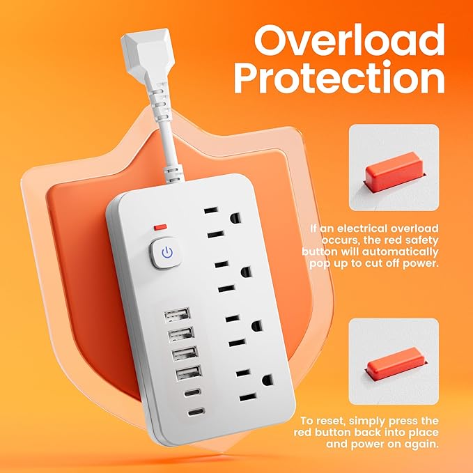 Surge Protector Power Strip - Chiefway Short Extension Cord with 4 AC Outlets, 6 USB Ports (2 USB C) & Overload Protection, Short Cord Outlet Extender Compact and Portable for Office Home Travel