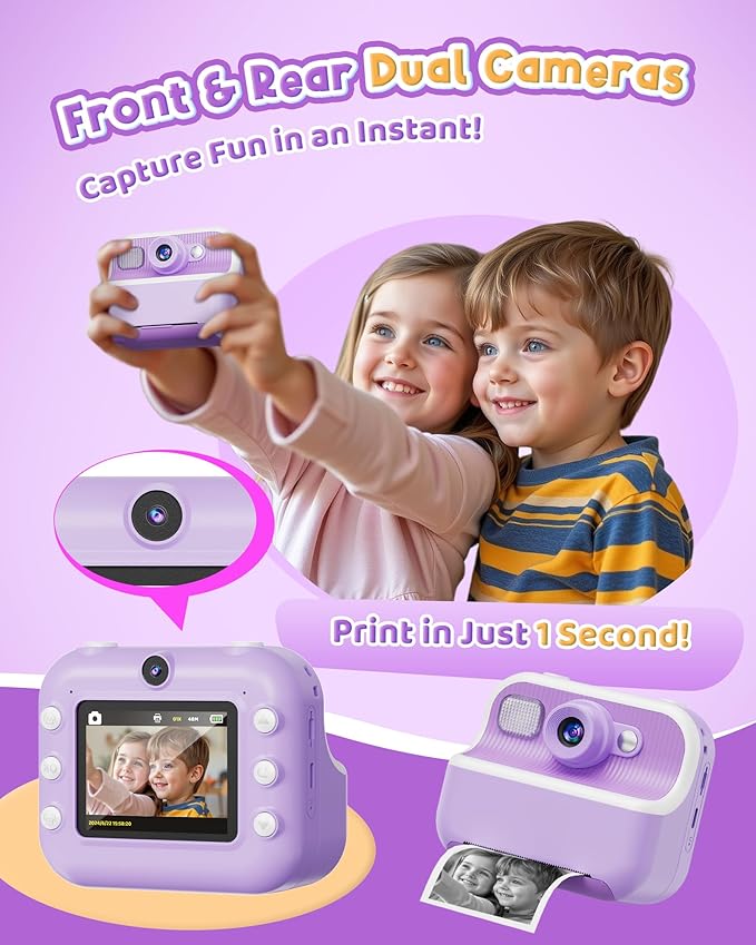 Instant Camera, Front Rear Dual Selfie Kids Camera with 1080P Videos, Holiday Birthday Gifts for Kids Age 3-12, Toddler Portable Travel Print Digital Camera Toy for 4 5 6 7 8 9 Year Boys Girls
