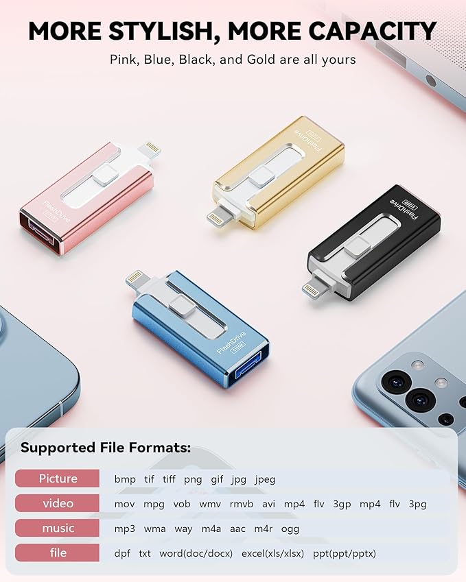 MFi Certified 512GB Flash Drive for iPhone iPad, Photo Stick for External Memory Storage, Easily Back Up and Save Files, USB Memory Stick Thumb Drive for iPhone/iPad/Android/PC (Light Pink, 512GB)