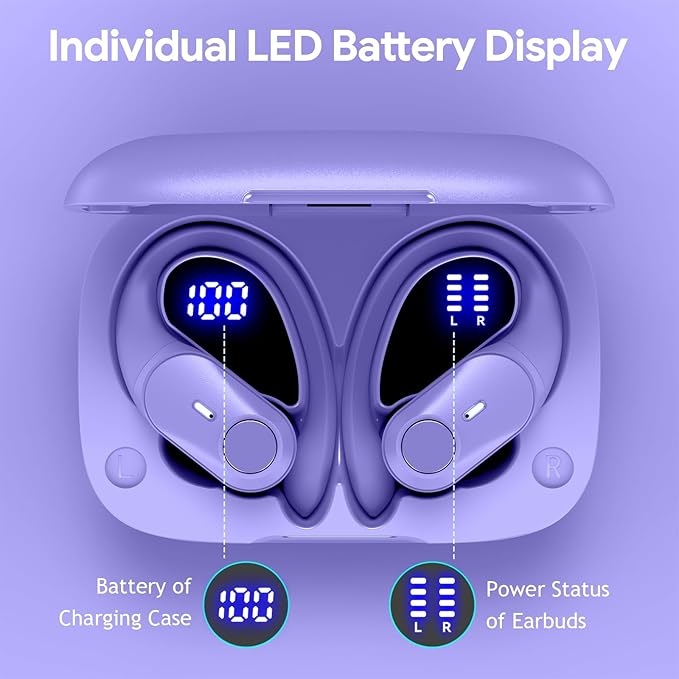 GOLREX Noise Cancelling Ear Buds Wireless Earbuds Bluetooth Headphones with 80H Playtime, Dual LED Display, Wireless Charging Case, Over-Ear Hooks Earphones for Sports Running Gym Workout Purple