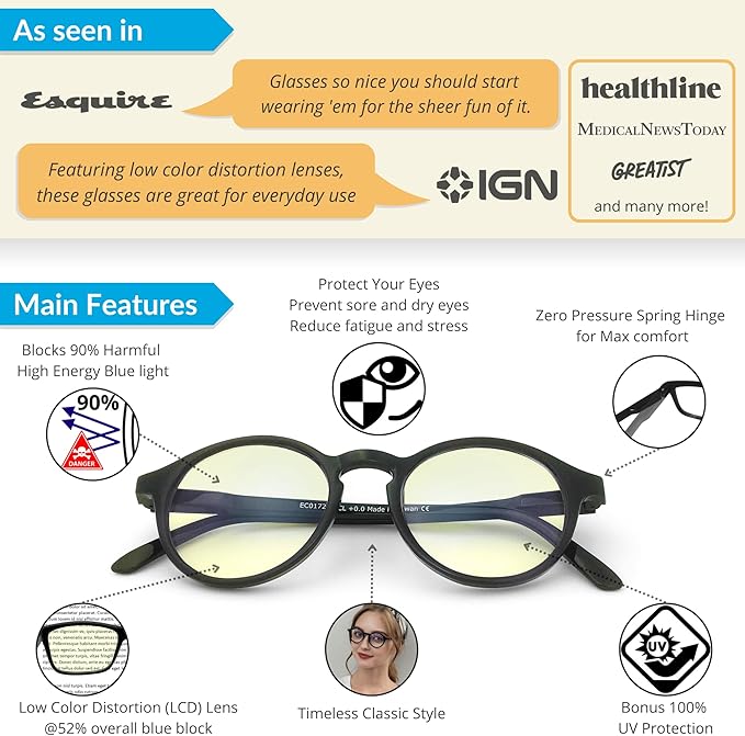 J+S Vision Blue Light Blocking Glasses for Men Women | Computer Gaming Work| Anti Strain Fatigue UV Glare | Medium-Small Fit