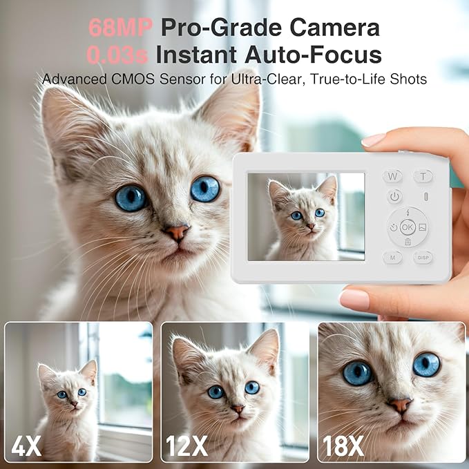Digital Camera, 4K Autofocus Compact Camera with 32G SD Card FHD 64MP with 2.8" Large Screen, 18X Digital Zoom, Portable Mini Camera for Photography, Suitable for Kids,Adult,Beginners