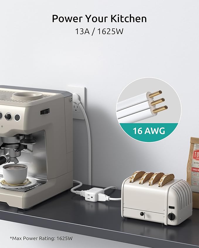 Flat Extension Cord 15ft Long, ETL Listed, NUTICT 3 Prong Indoor Cord Extension, Surge Protector, 13A/1625W, 900J, Low Profile Right Angle Flat Wall Plug, Behind Bed Couch Furniture Tight Space, White