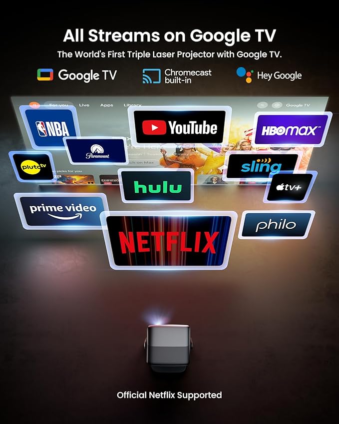 JMGO N1S Ultra 4K Triple Laser Projector with WiFi and Bluetooth, 2800 ISO Lumens, Google TV, 360° Sensorless Picture Correction, 300", HDR10, 20W Dolby Digital Plus, 3D-Active, Smart and Portable