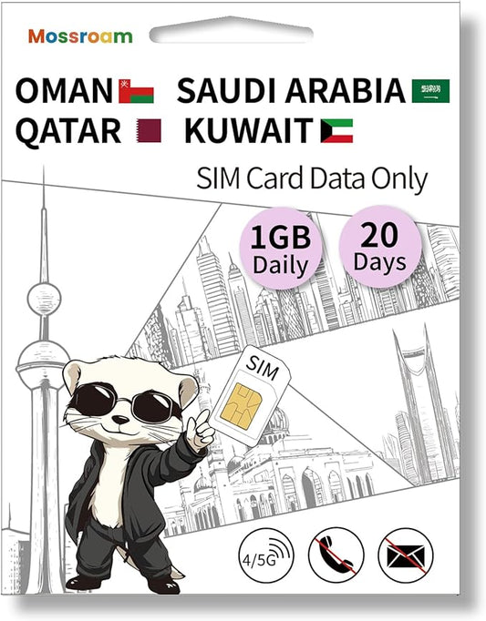 3-in-1 SIM Card for Saudi Arabia, Qatar, Oman, Kuwait – Prepaid Data Plans | Day Pass 1GB Daily Data,20 Days | Unlimited 4/5G Speed Internet