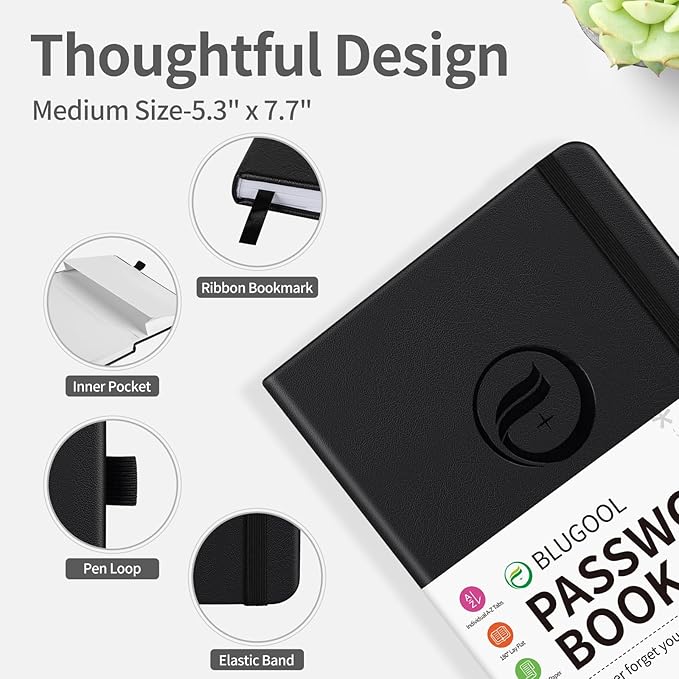 Password Book with Alphabetical Tabs, Password Keeper Book for Seniors, Hardcover Password Notebook for Individual & Colorful Tabs, Password Organizer for Website Logins, 5.3" x 7.7", Black