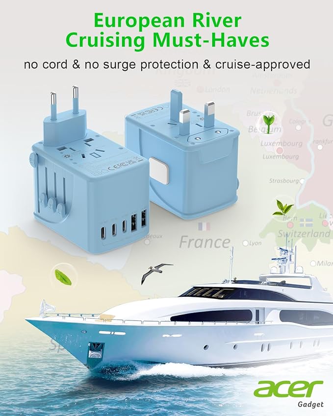 Acer Universal Travel Plug Adapter - International Power Adapter with 5 USB Ports (3 USB C) 5.8A, Worldwide Outlet Charger for USA to European UK France Germany Spain, Type C/E/F/G/I/L/A, Blue