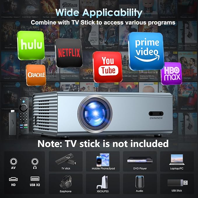 [Electric Focus] 4K Support Projector with WiFi6 and Bluetooth 5.3, Outdoor Projectors for Outside Video Use, OWNKNEW Gaming Movie Proyector, Auto Keystone Correction