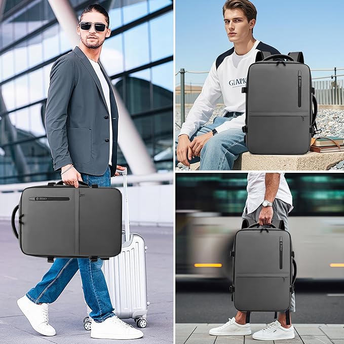 Travel Backpack for Men Women, Expandable Backpacks with Charging Port for Business Work Commute Casual, Grey