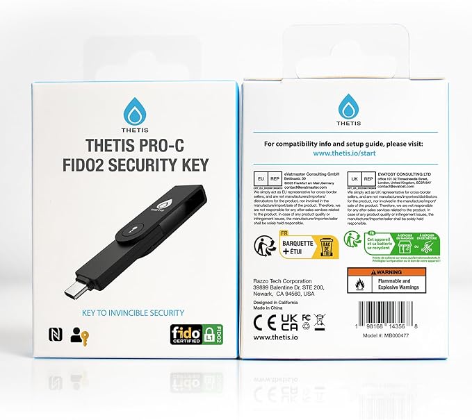 Thetis Pro-C FIDO2 Security Key Passkey Device with USB C & NFC, TOTP/HOTP Authenticator APP, FIDO 2.0 Two Factor Authentication 2FA MFA, Works with Windows/macOS/Linux/Gmail/Facebook/Dropbox/GitHub