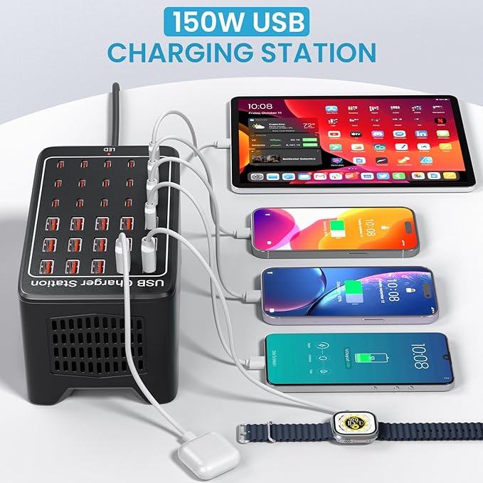 USB C Charging Station for Multiple Devices, 150W 30 Ports Charger Block for Ipad Cell Phone, Multiple USB Power Strip for Family Classroom