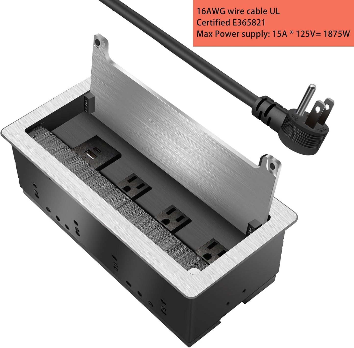 Table Outlet Embedded Desk Outlet, 3 AC outlets, USB-A, USB-C Fast Charging 18W, 8FT Long 16AWG UL Cable Power Supply 1875W Used for Home Office desks Flat Plug - Silver