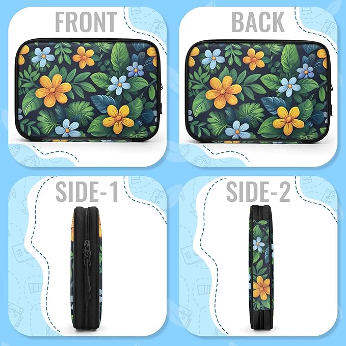 Yellow Blue Flowers Electronics Travel Organizer Case, Tech Accessories Cable Storage Bag for Cords, Charger, Phone, Hard Drive