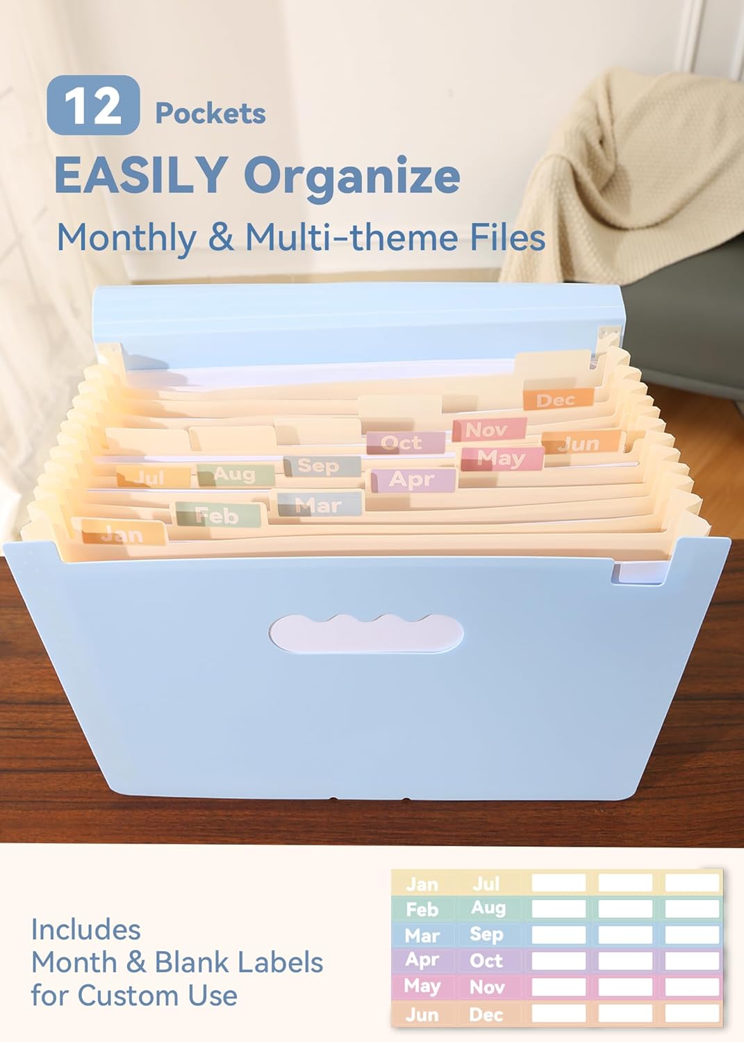 Accordion File Organizer 12 Pockets, Monthly Bill Receipt Tax Organizer, Expanding File Folders with Larger Bright Tabs, Fits Letter/A4 Size - Blue