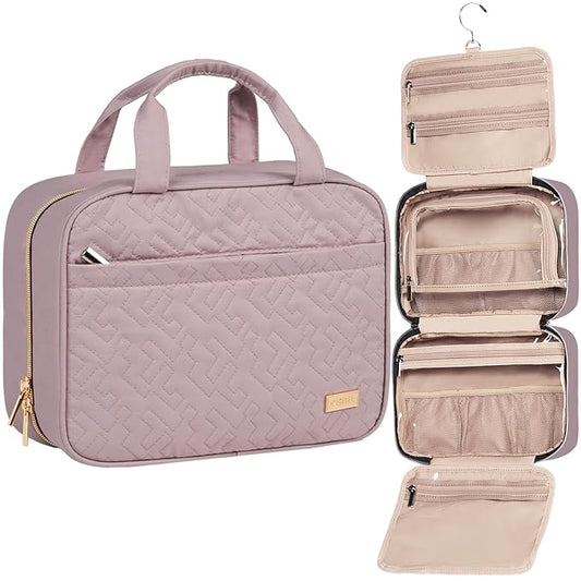 NISHEL Travel Toiletry Bag for women, Portable Hanging Organizer for Travel-Sized Shampoo, Conditioner, Brushes Set, Makeup Accessories, Medium Size, Peach Pink