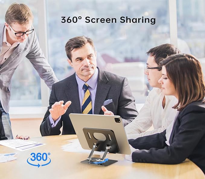 Tablet Stand Holder with 360° Rotating Base Dual Rod Aluminum Adjustable Tablet Stand for Desk Compatible with iPad Samsung Phone Kindle E-Reader and More, Black