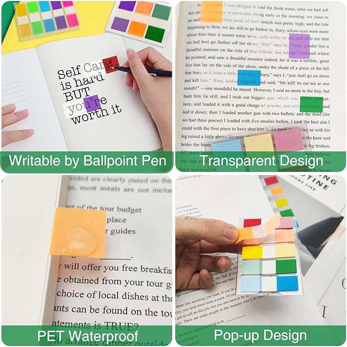 KICNIC Sticky Tabs 800 Pcs, 2 Sizes (1.77×0.79 in & 1.77×0.39 in) Fluorescent Pop Up Book Tabs, Adhesive Index Page Markers, Reusable School Office Supplies, 8 On-The-Go Dispensers (10 Colors)