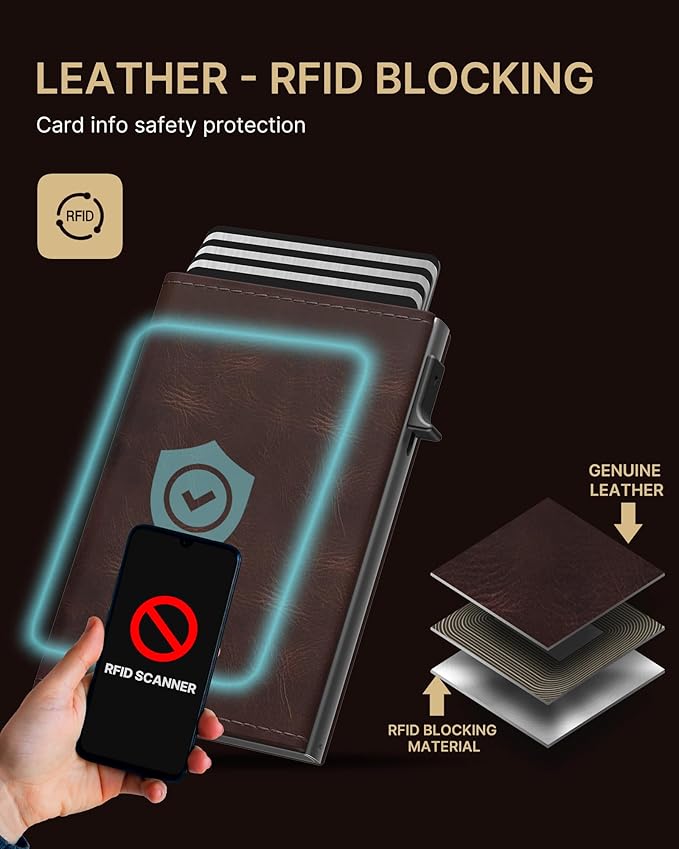 typecase Mens Wallet Card Holder: Pop Up Aluminum Case, Genuine Leather, Smart, RFID Blocking, Slim, Minimalist, Front Pocket - 9-14 Card Capacity | ID Window | Cash Slot - Oil Wax Brown