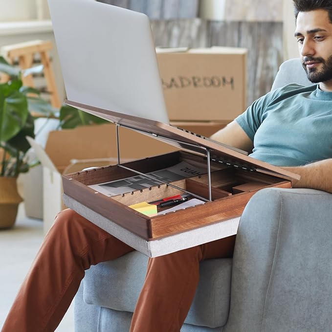 Easel Lap Desk for Adults, Acacia Wood Lap Desk for Laptop with Storage and Cushion, Height Adjusted Laptop Pad for Writing, Drawing, Laptop Work, and More, Fits up to 17.3 Inch Laptop