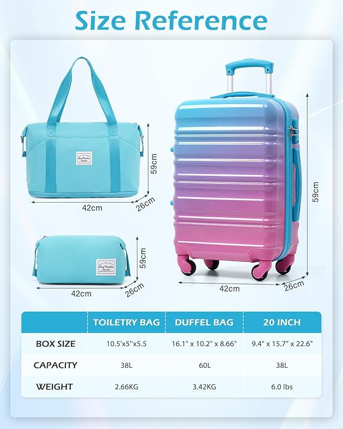 LONG VACATION Carry On Luggage Sets 3 Piece 20 Inch Suitcase Set, ABS+PC Hardshell Lightweight Travel Luggage with Spinner Wheels & YKK Zipper TSA Lock (Blue and Pink, 20 INCH)