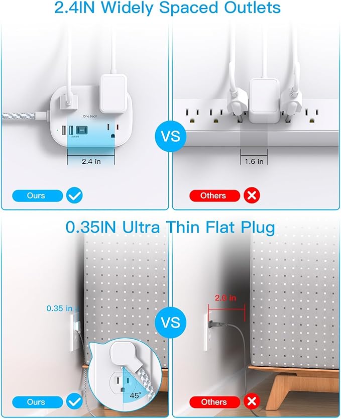 One Beat Cruise Ship Essentials,Travel Power Strip with USB C,Flat Plug Extension Cord 10 FT with 3 Outlets 4 USB Ports(2 USB C),Desk Wall Outlet Extender,Non Surge Protector for Cruise,Dorm Room,ETL
