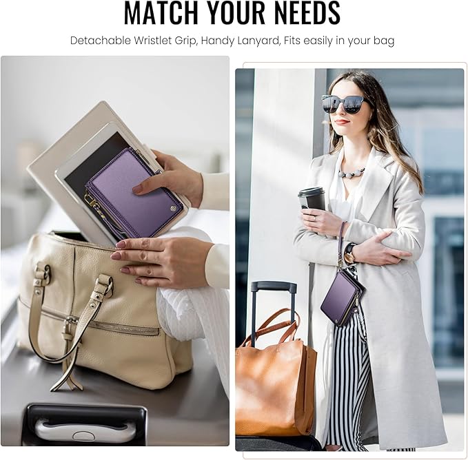 Passport Holder Wallet Bag with AirTag Holder, 11 Card Slots and Passport Solt Cash Solt Photo Solt Zipper Pocket, RFID Blocking Wristlet Strap.Purple