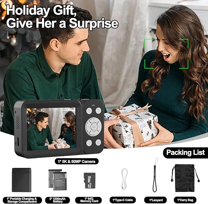 Upgraded 5K Dual Screen Digital Camera,80MP Vlog Photography Camera for YouTube,Campus,Travel,Compact Point & Shoot Camera for Teens & Beginners with Autofocus,18x Zoom,Anti-Shake,Black